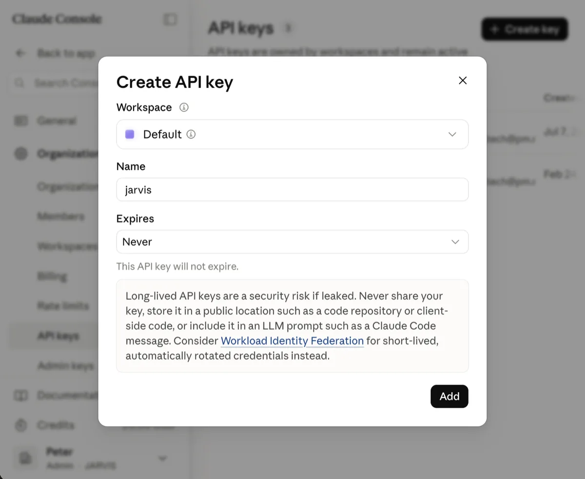 Claude Console — Create API key dialog