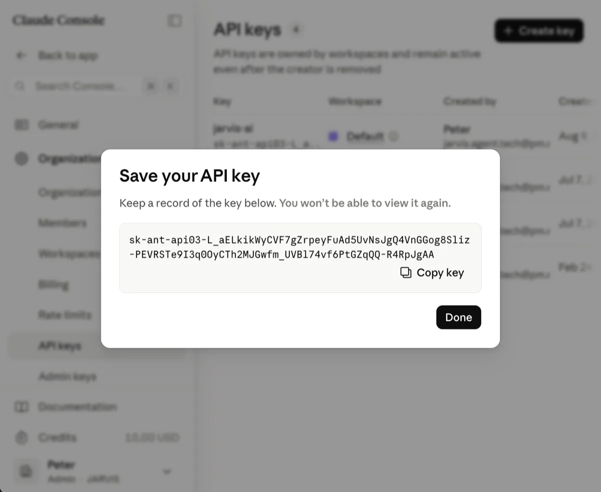 Claude Console — Save your API key dialog, key shown once