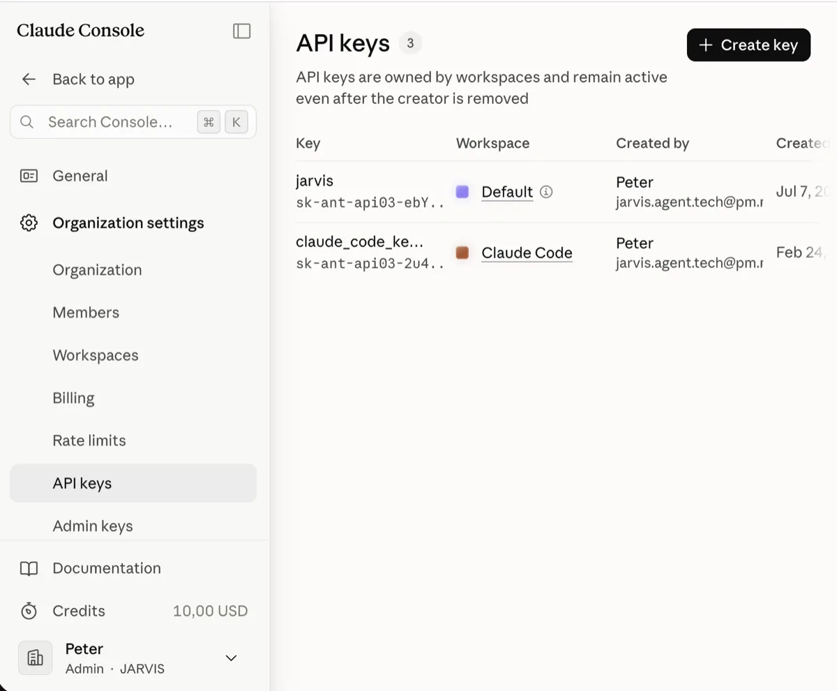Claude Console — API keys page with Create key button