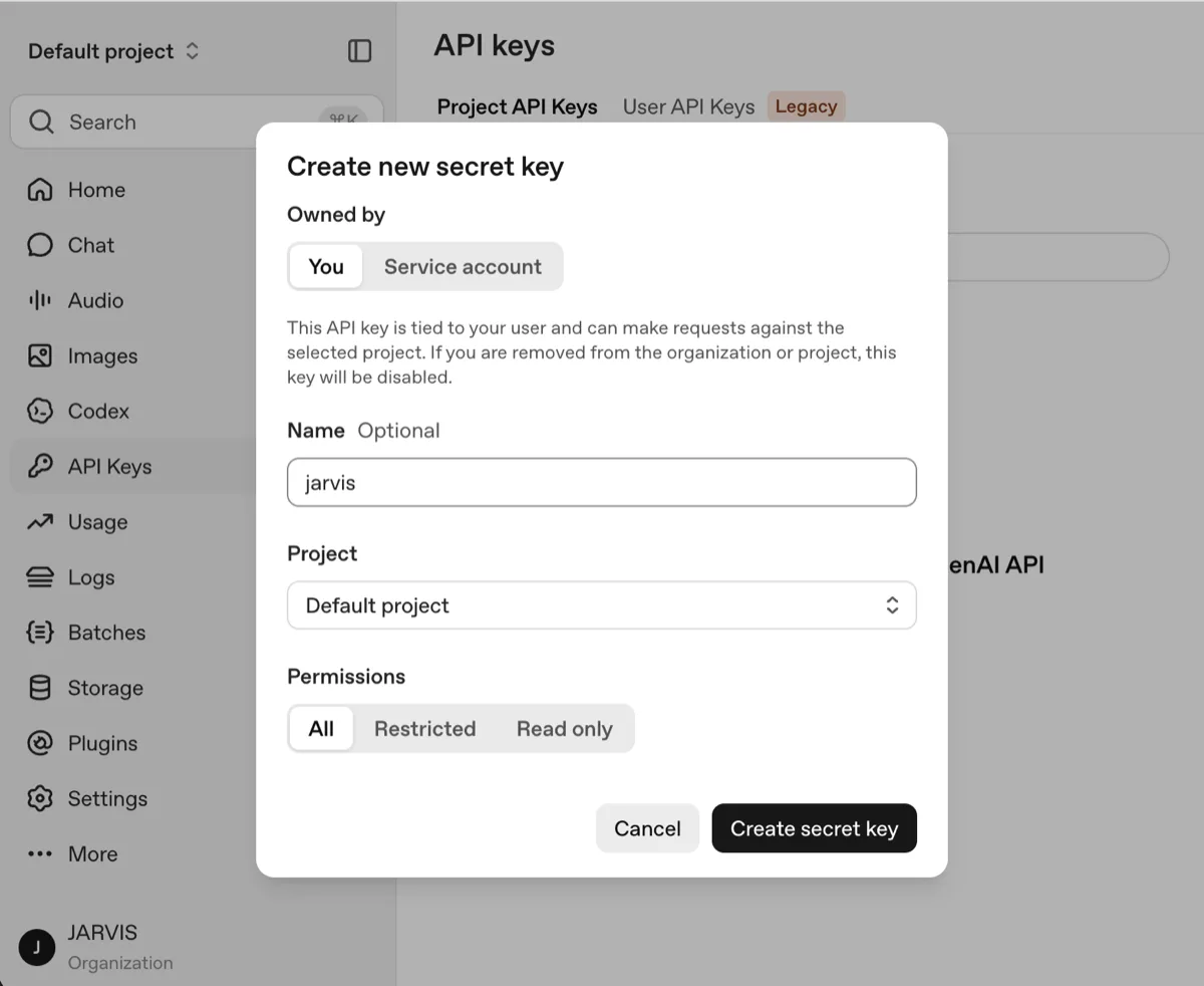 OpenAI console — Create new secret key dialog