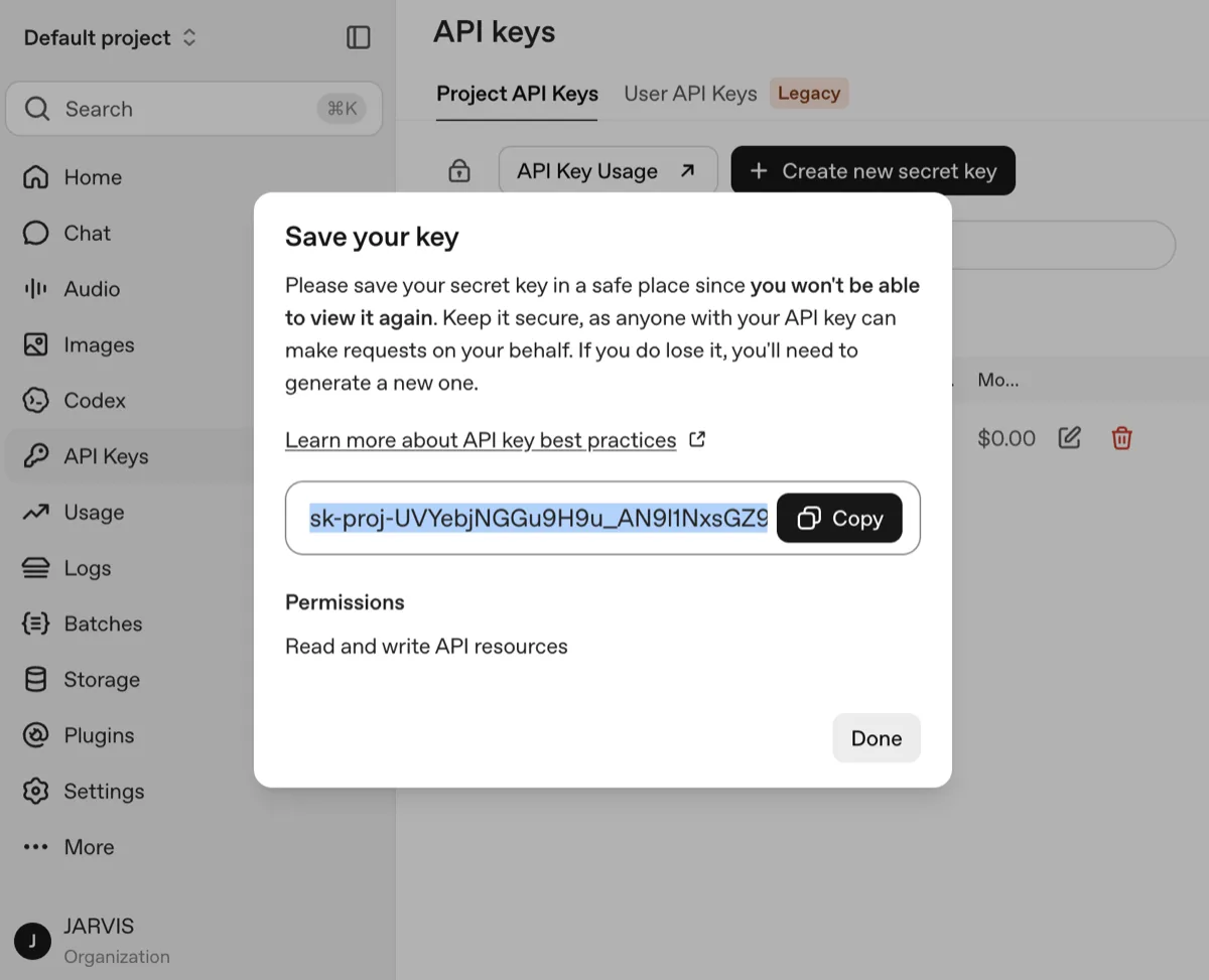 OpenAI console — Save your key dialog, secret key shown once