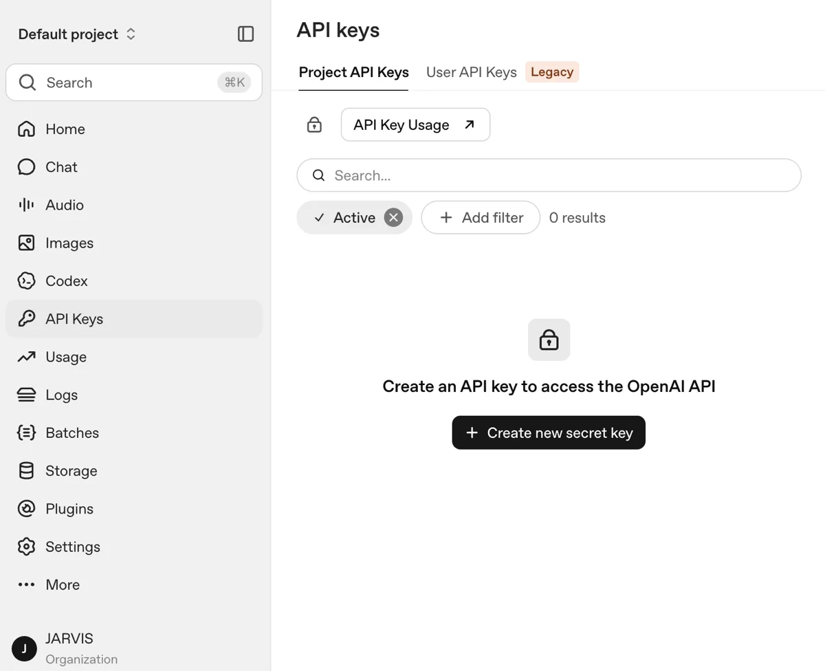 OpenAI console — API Keys page with Create new secret key button