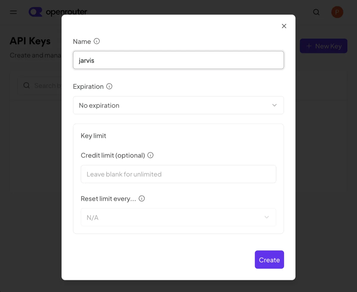 OpenRouter — create key dialog with Credit limit field