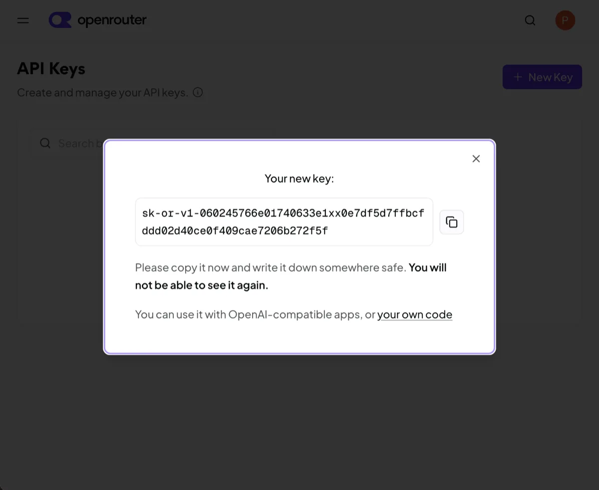 OpenRouter — new key shown once, copy it now