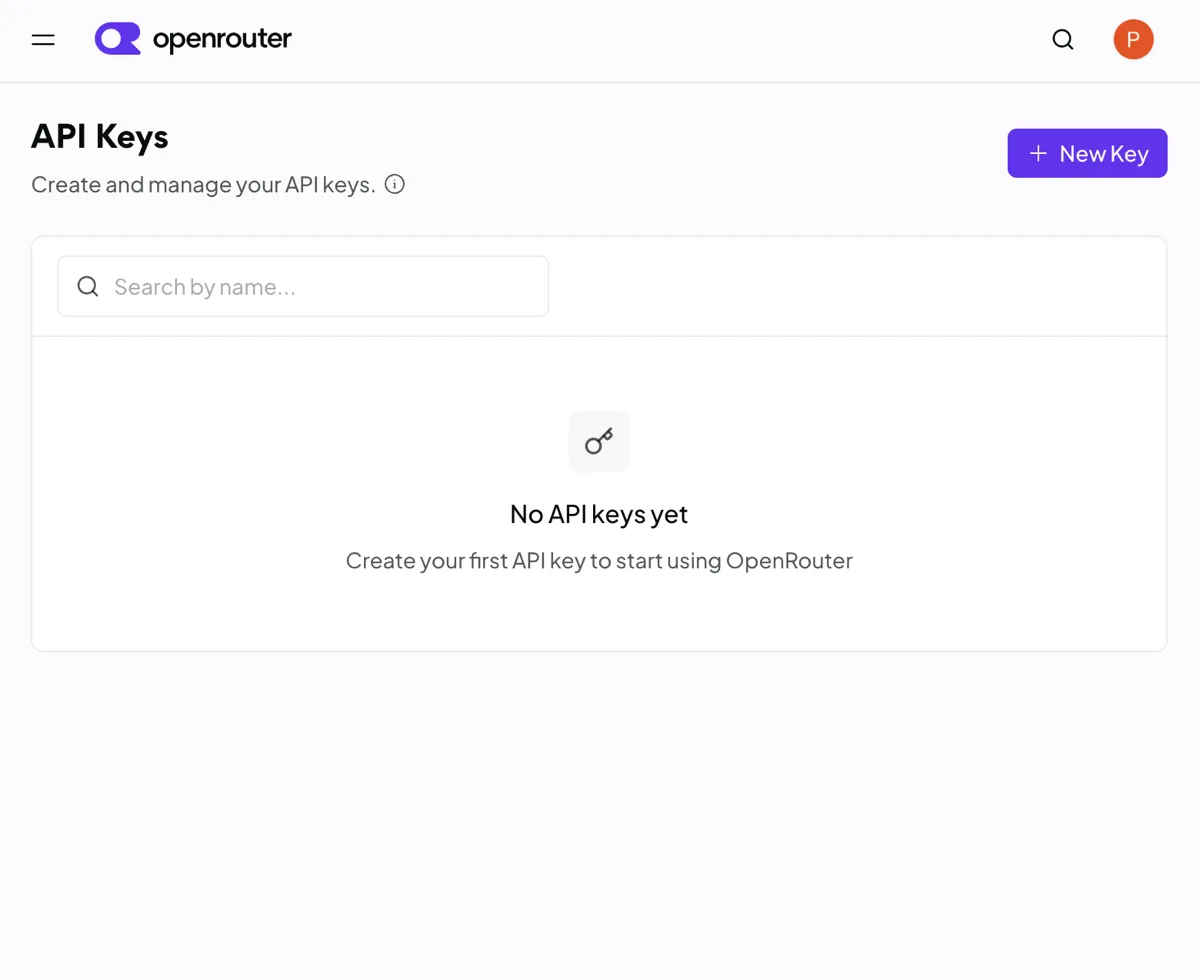 OpenRouter — API Keys page with New Key button